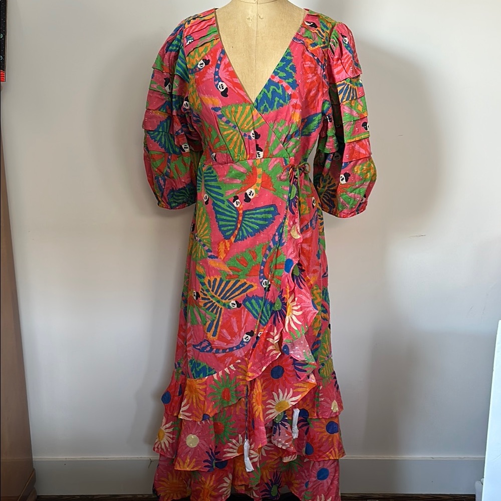 π *HOST PICK!* FARM Rio Macaw Pink Blue Ruffled Wrap Floral Boho Sundress L - Picture 7 of 16